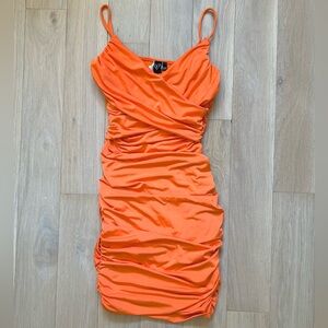 Windsor Orange Ruched Bodycon Plunge Neck Mini Dress XS